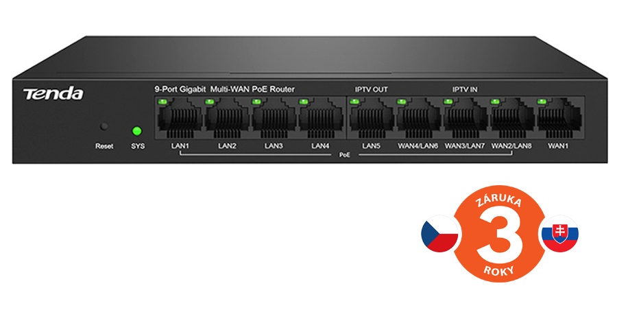 Tenda G0-8G-PoE Gigabit PoE Router MultiWAN, 3x GWAN/ GLAN, 1x GWAN, 5x GLAN, 8x PoE 802.3af/ at, VPN