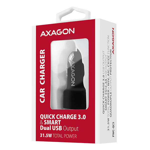 AXAGON PWC-QC5, QUICK a SMART nabíjačka do auta, 2x port QC3.0/ AFC/ FCP + 5V-2.6A, 31.5W 