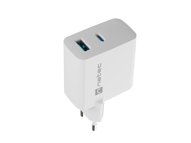 Univerzálna USB nabíjačka Natec RIBERA GaN 1X USB-A + 1X USB-C 65W, Biela 