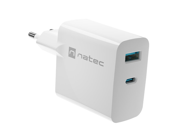 Univerzálna USB nabíjačka Natec RIBERA GaN 1X USB-A + 1X USB-C 65W, Biela