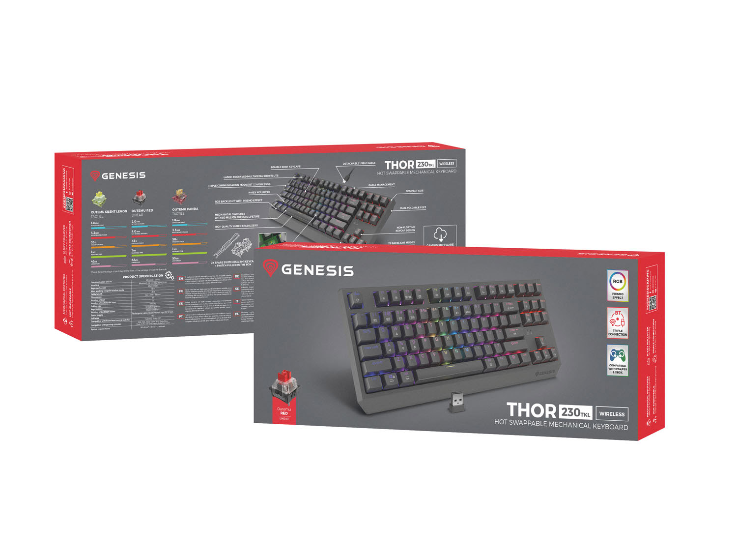GENESIS herná klávesnica THOR 230/ TKL/ RGB/ Outemu Red/ Bezdrôtová USB + Bluetooth/ US layout/ Čierna 