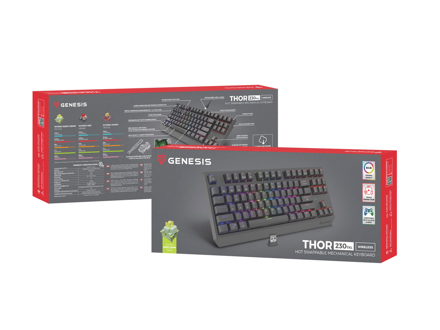 GENESIS herní klávesnice THOR 230/ TKL/ RGB/ Outemu Silent Lemon/ Bezdrátová USB + Bluetooth/ US layout/ Č 