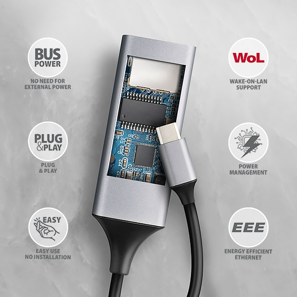 AXAGON ADE-TXPD, USB-C 3.2 Gen 1 - Gigabit Ethernet sieťová karta, Asix AX88179, PD 100W, auto inštal 