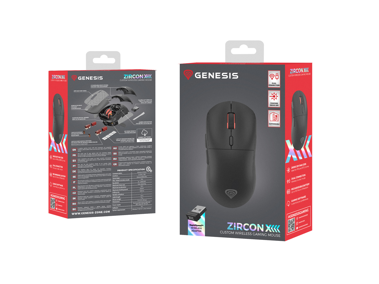 Genesis herná bezdrôtová myš ZIRCON XIII/ Herná/ Optická/ 26 000 DPI/ USB+BT/ Čierna 