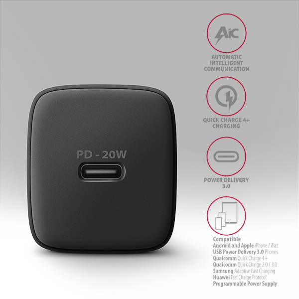 AXAGON ACU-PD20, nabíjačka do siete 20W, 1x port USB-C, PD3.0/ PPS/ QC4+/ AFC/ Apple, čierna 