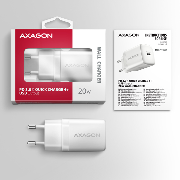 AXAGON ACU-PD20W, nabíjačka do siete 20W, 1x port USB-C, PD3.0/ PPS/ QC4+/ AFC/ Apple, biela 