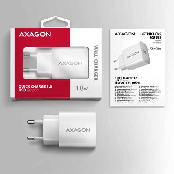 AXAGON ACU-QC18W, nabíjačka do siete 18W, 1x port USB-A, QC3.0/ AFC/ Apple, biela 