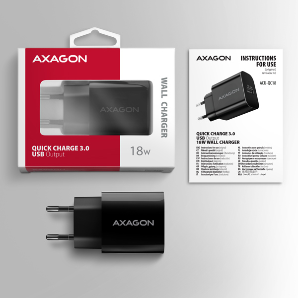 AXAGON ACU-QC18, nabíjačka do siete 18W, 1x port USB-A, QC3.0/ AFC/ Apple, čierna 