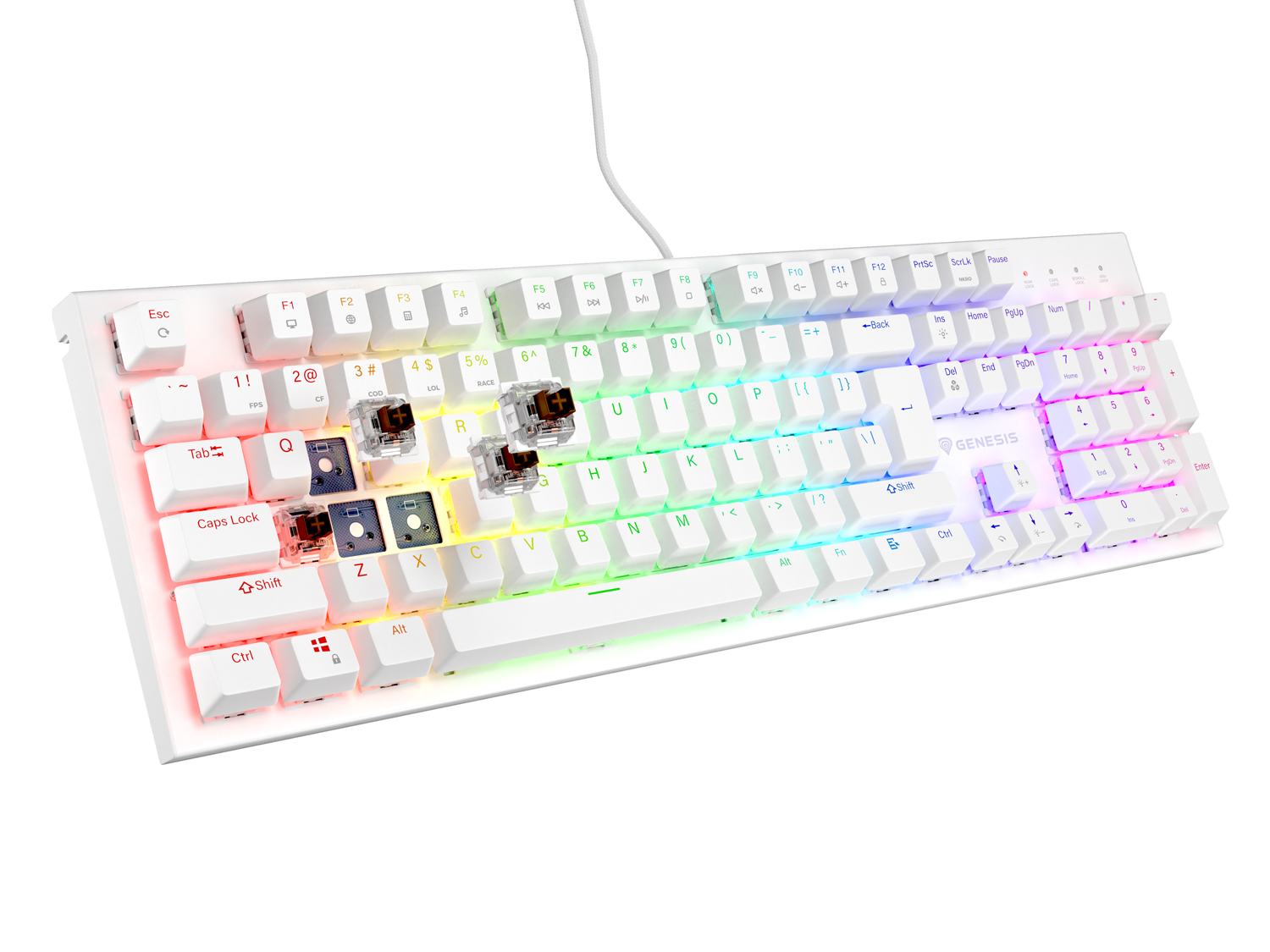 Genesis herná mechanická klávesnica THOR 303/ RGB/ Outemu Brown/ Drôtová USB/ US layout/ Biela 