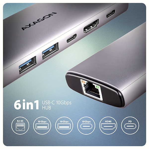 AXAGON HMC-6G2L, USB 10Gb/ s hub, 2x USB-A, 1x USB-C, HDMI 4k/ 60, RJ-45, PD 100W, kábel USB-C 15cm 