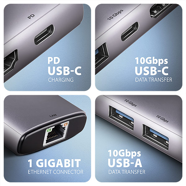 AXAGON HMC-6G2L, USB 10Gb/ s hub, 2x USB-A, 1x USB-C, HDMI 4k/ 60, RJ-45, PD 100W, kábel USB-C 15cm 