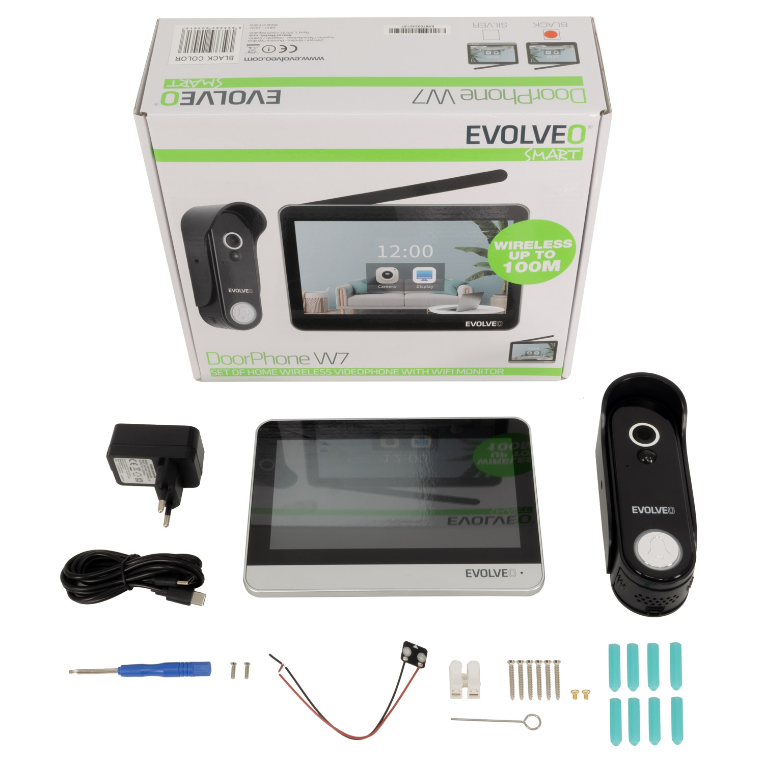 EVOLVEO DoorPhone W7, Sada domáceho bezdrôtového videotelefónu s WiFi čierny strieborný monitor 