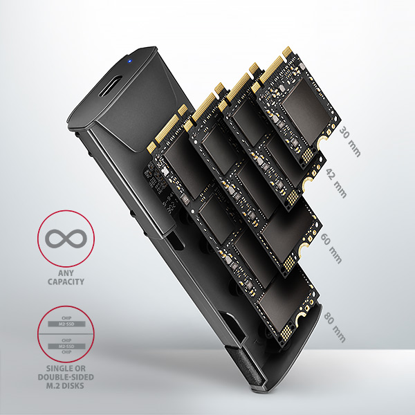 AXAGON EEM2-GTS2, 10Gbps USB-C - M.2 NVMe & SATA SSD kovový THIN box, bezskrutkový 