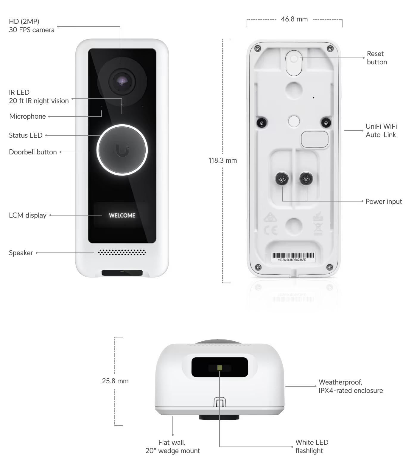 UBNT UVC-G4-DoorBell [1600 x 1200 (UXGA),  30fps,  H.264,  uhol pohľadu 138°,  IR,  PIR,  mikrofón,  reproduktor] 