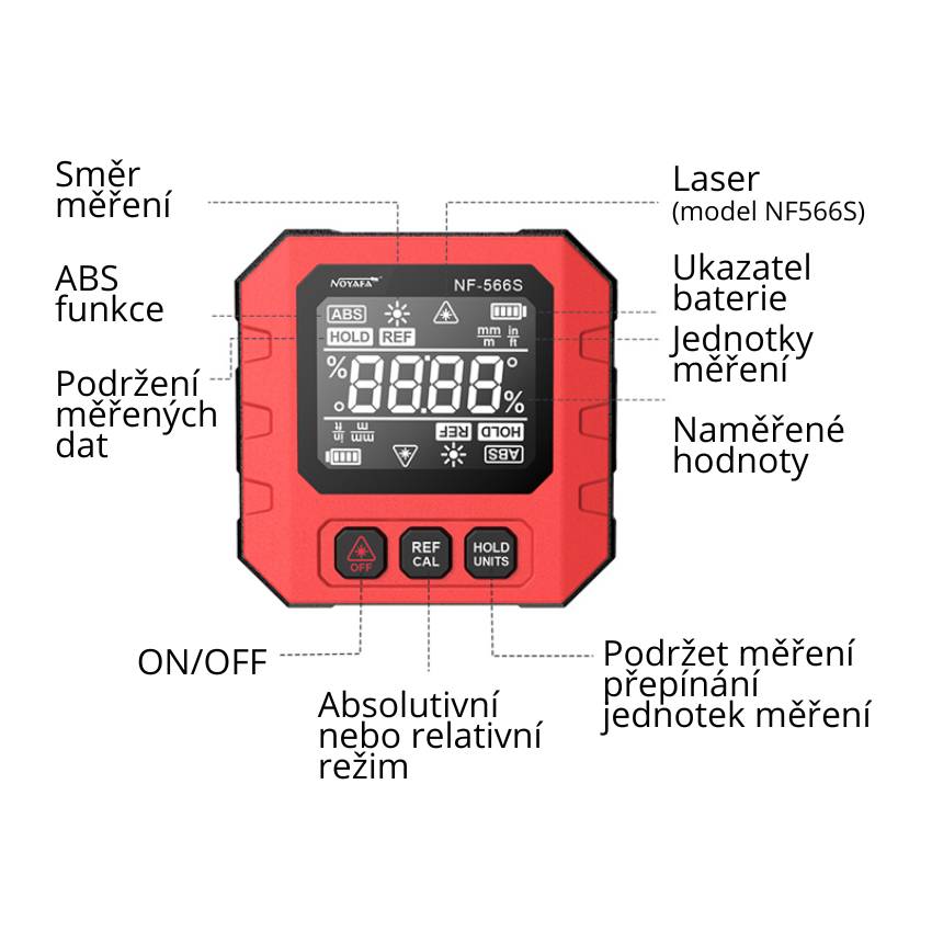 W-Star Digitálny uhlomer WSNF566S, laser, magnet, 4x90°, stupne, %, mm m