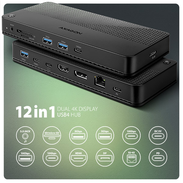 AXAGON HMC-U4, USB4 40Gbps dock, 3x USB-A, 2x USB-C, HDMI & DP 8K 30Hz, RJ-45, SD mSD, audio, PD100W 