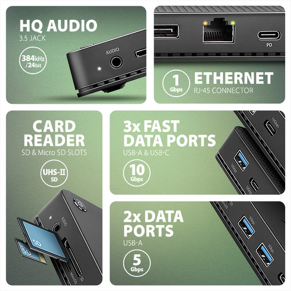 AXAGON HMC-U4, USB4 40Gbps dock, 3x USB-A, 2x USB-C, HDMI & DP 8K 30Hz, RJ-45, SD mSD, audio, PD100W 