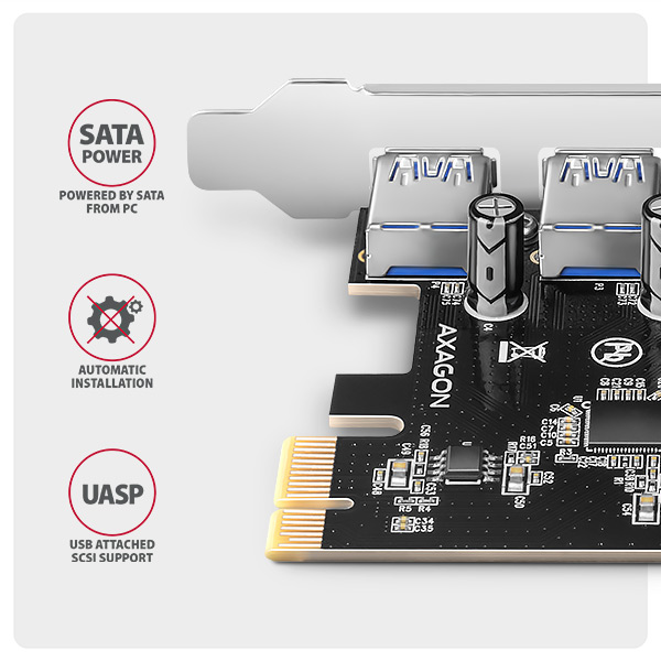 AXAGON PCEU-430RS, PCIe radič, 4x USB 5Gbps port, SATA napájanie, Renesas PD720201, SP 