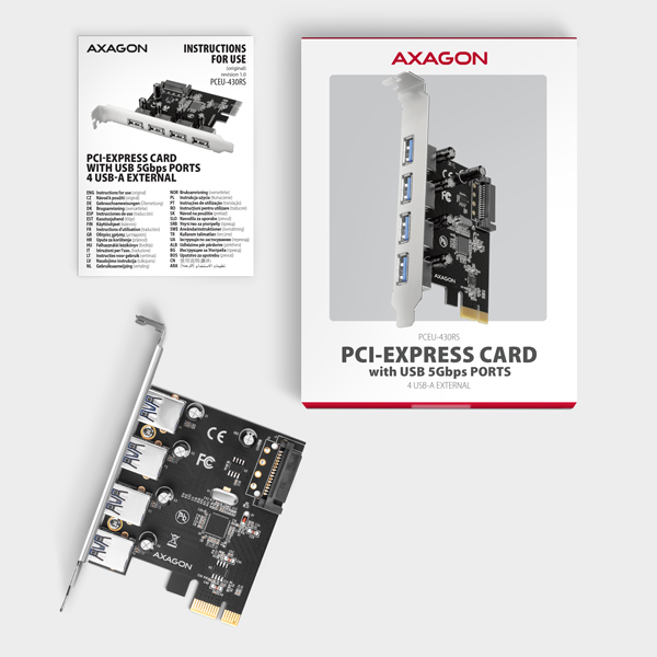 AXAGON PCEU-430RS, PCIe radič, 4x USB 5Gbps port, SATA napájanie, Renesas PD720201, SP 