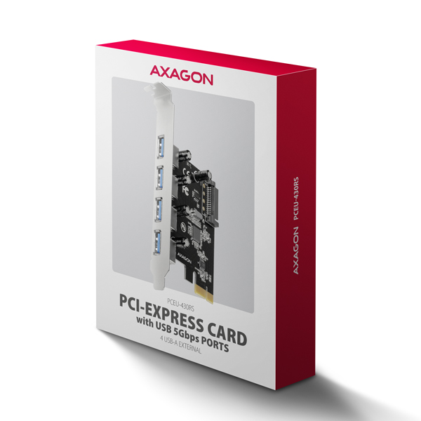 AXAGON PCEU-430RS, PCIe radič, 4x USB 5Gbps port, SATA napájanie, Renesas PD720201, SP 