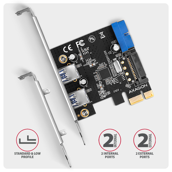 AXAGON PCEU-232RS, PCIe radič, 2+2x USB 5Gbps port, SATA napájanie, Renesas PD720201, SP & LP 