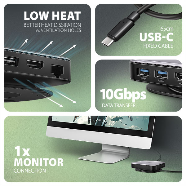 AXAGON HMC-UFO, USB 10Gbps húb, 2x USB-A, USB-C, HDMI 4k/ 60, RJ-45, M.2 slot, SD/ mSD, audio, PD 