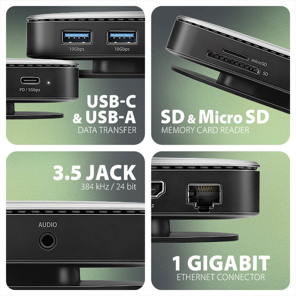 AXAGON HMC-UFO, USB 10Gbps húb, 2x USB-A, USB-C, HDMI 4k/ 60, RJ-45, M.2 slot, SD/ mSD, audio, PD 