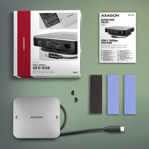 AXAGON HMC-UFO, USB 10Gbps húb, 2x USB-A, USB-C, HDMI 4k/ 60, RJ-45, M.2 slot, SD/ mSD, audio, PD 