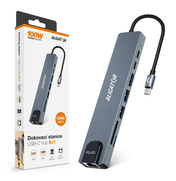 Aligator Dokovacia stanica USB-C Hub 8v1 (USB-C 2xUSB SD MicroSD HDTV RJ45) 