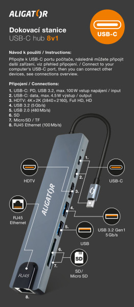 Aligator Dokovacia stanica USB-C Hub 8v1 (USB-C 2xUSB SD MicroSD HDTV RJ45) 