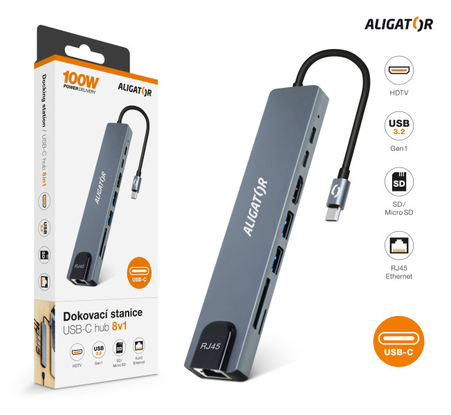 Aligator Dokovacia stanica USB-C/ Hub 8v1 (USB-C/ 2xUSB/ SD/ MicroSD/ HDTV/ RJ45)