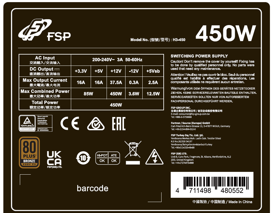 FSP HYPER 80+ PRO/ 450W/ ATX 3.0/ 80PLUS Bronzia 230V/ Bulk 