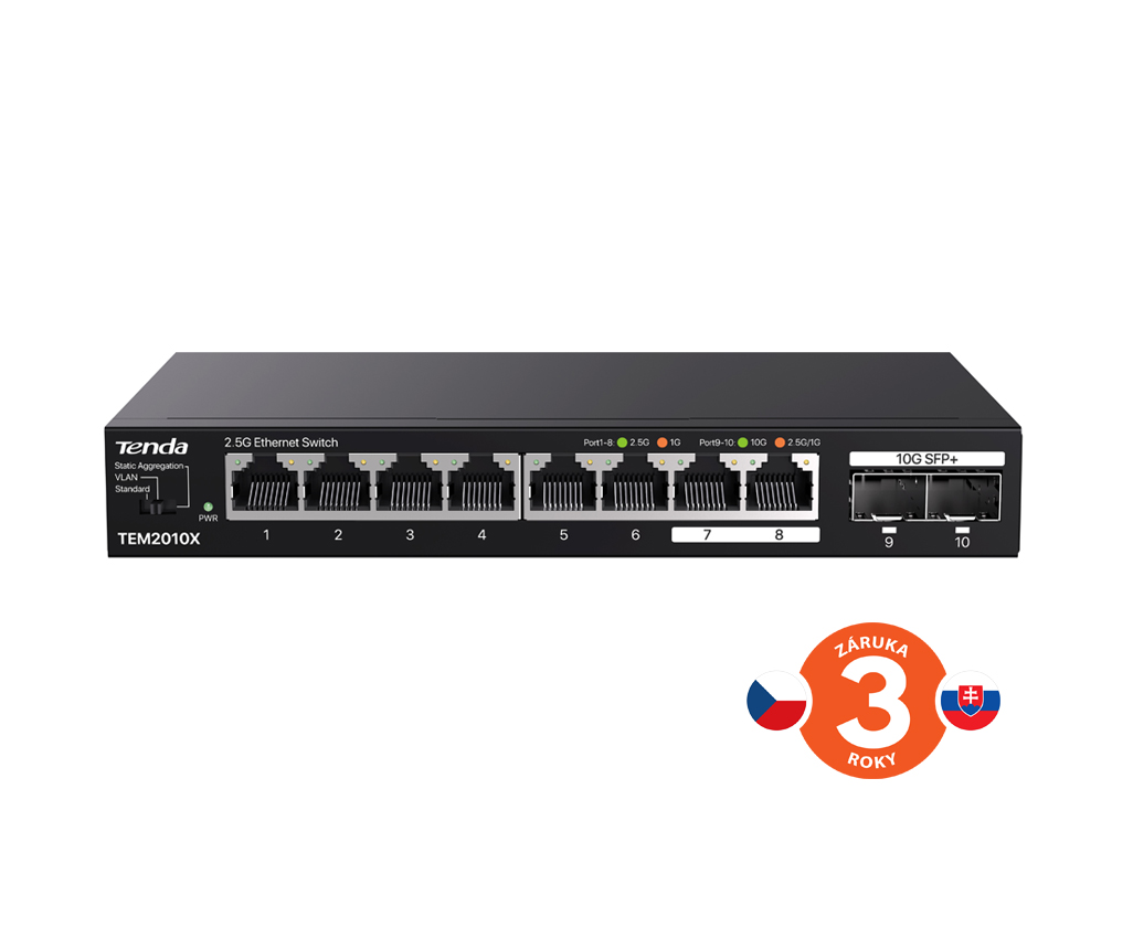Tenda TEM2010X - Multi-gigabit switch, 8x 2.5G RJ45 + 2x 10G SFP+ port, MAC 16K, ochrana 6kV 