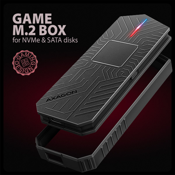 AXAGON EEM2-GAM, USB-C 10Gbps - NVMe & SATA SSD GAME M.2 box, bezskrutkový 