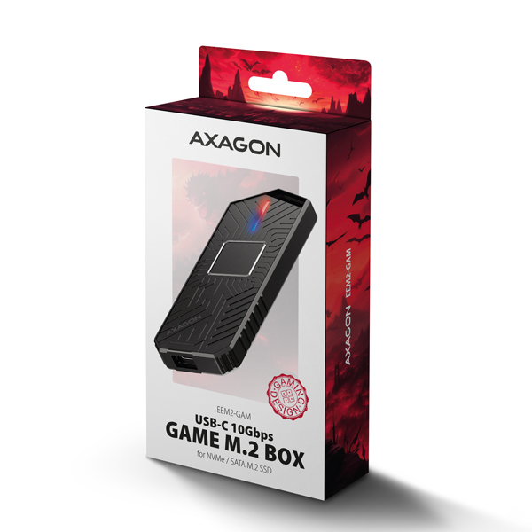 AXAGON EEM2-GAM, USB-C 10Gbps - NVMe & SATA SSD GAME M.2 box, bezskrutkový 