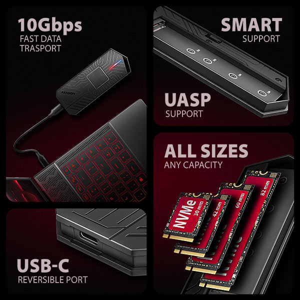 AXAGON EEM2-GAM, USB-C 10Gbps - NVMe & SATA SSD GAME M.2 box, bezskrutkový 