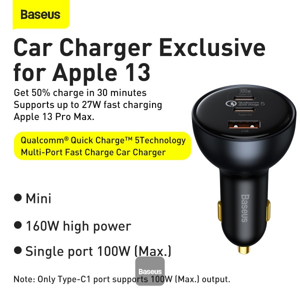 Baseus nabíjačka do auta 1x USB-A 2x USB-C Quick Charge 5 160W šedá + kábel USB-C 