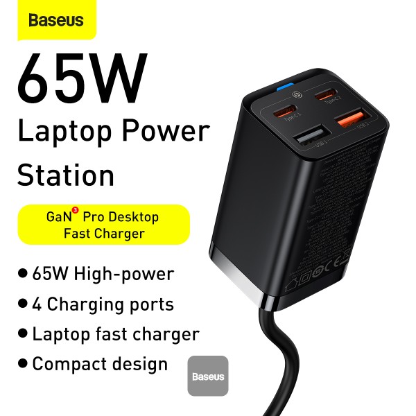 Baseus rýchlonabíjačka do siete GaN3 Pro, 2x USB-C, 2x USB 65W čierna 