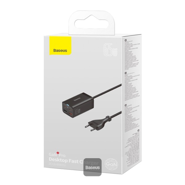Baseus rýchlonabíjačka do siete GaN3 Pro, 2x USB-C, 2x USB 65W čierna 