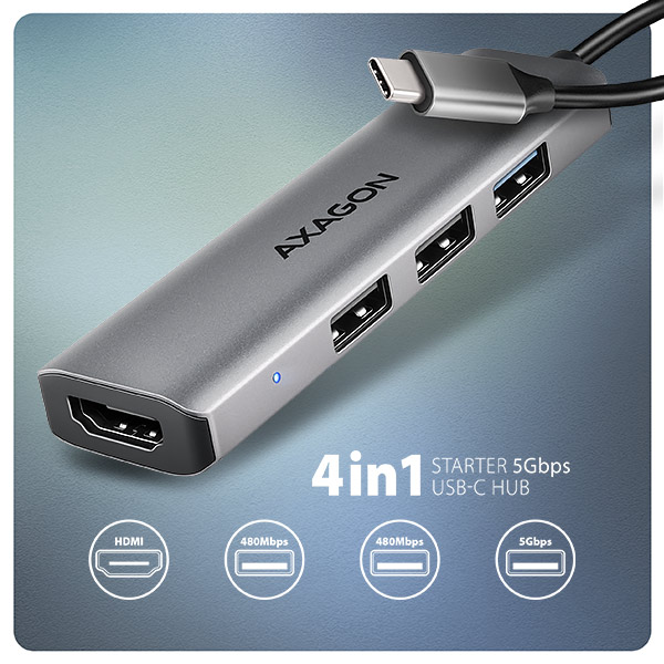 AXAGON HMC-H3A, USB 5Gbps húb, 3x USB-A, HDMI 4k/ 30Hz, kábel USB-C 15cm 