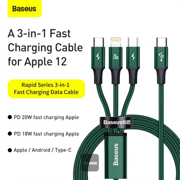 Baseus dátový kábel Rapid 3v1 USB-C/ microUSB, Lightning, USB-C 1, 5m PD 20W zelený 