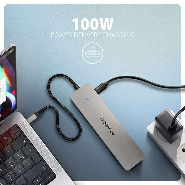 AXAGON HMC-7HX2, USB 5Gbps hub, 2x USB-A, USB-C, 2x HDMI 4k/ 60Hz, RJ-45 GLAN, PD 100W, kábel 15cm 