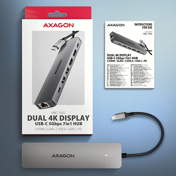 AXAGON HMC-7HX2, USB 5Gbps hub, 2x USB-A, USB-C, 2x HDMI 4k/ 60Hz, RJ-45 GLAN, PD 100W, kábel 15cm 