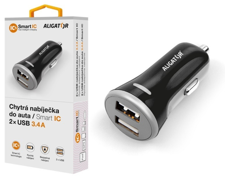 Chytrá nabíjačka do auta ALIGATOR 3.4A, 2xUSB, smart IC, čierna 