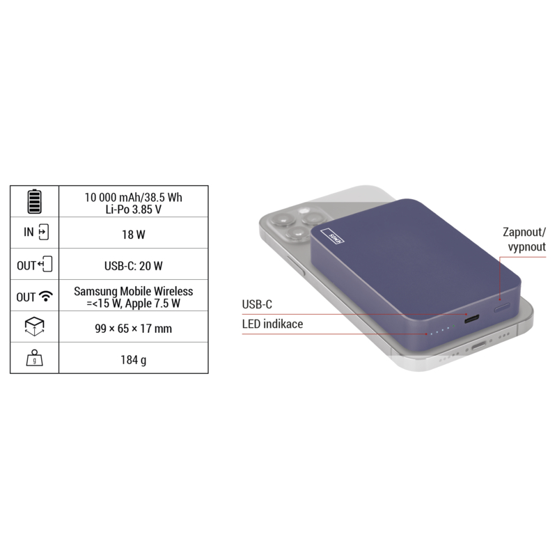 EMOS POWERBANKA WI 1046, bezdrôtové nabíjanie 20W, 10.000mAh, MODRÁ, 1xUSB-C 