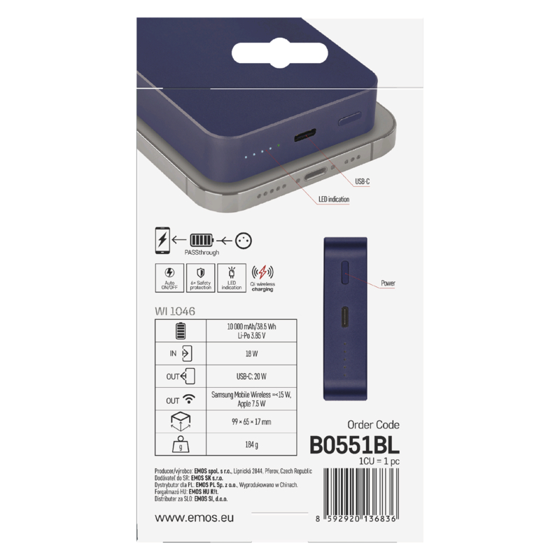 EMOS POWERBANKA WI 1046, bezdrôtové nabíjanie 20W, 10.000mAh, MODRÁ, 1xUSB-C 