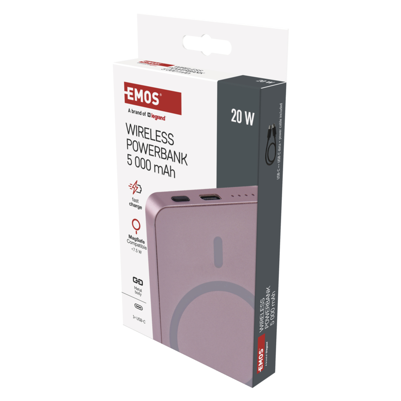 EMOS POWERBANKA WI 522, bezdrôtové nabíjanie 20W, 5.000mAh, LOSOSOVÁ, 1xUSB-C 