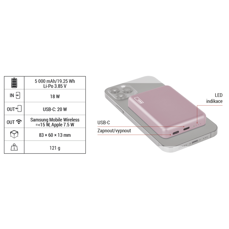 EMOS POWERBANKA WI 522, bezdrôtové nabíjanie 20W, 5.000mAh, LOSOSOVÁ, 1xUSB-C 