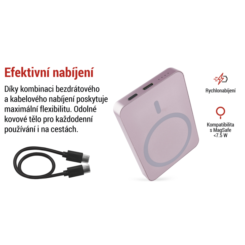 EMOS POWERBANKA WI 522, bezdrôtové nabíjanie 20W, 5.000mAh, LOSOSOVÁ, 1xUSB-C 