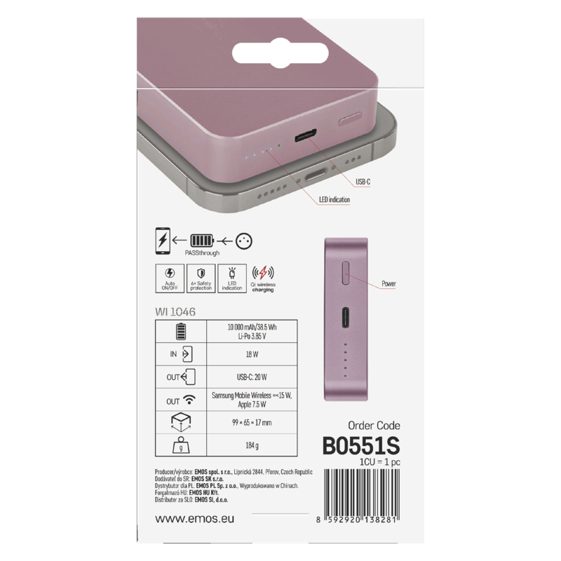 EMOS POWERBANKA WI1046, bezdrôtové nabíjanie 20W, 10.000mAh, LOSOSOVÁ, 1xUSB-C 